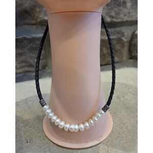 Women's Sterling Silver Braided Black Leather White PEARL NECKLACE CHOKER 15"